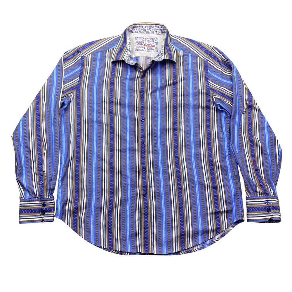 Robert Graham Men Classic Fit Blue Brown Multi Stripe Cotton Button Down Shirt L